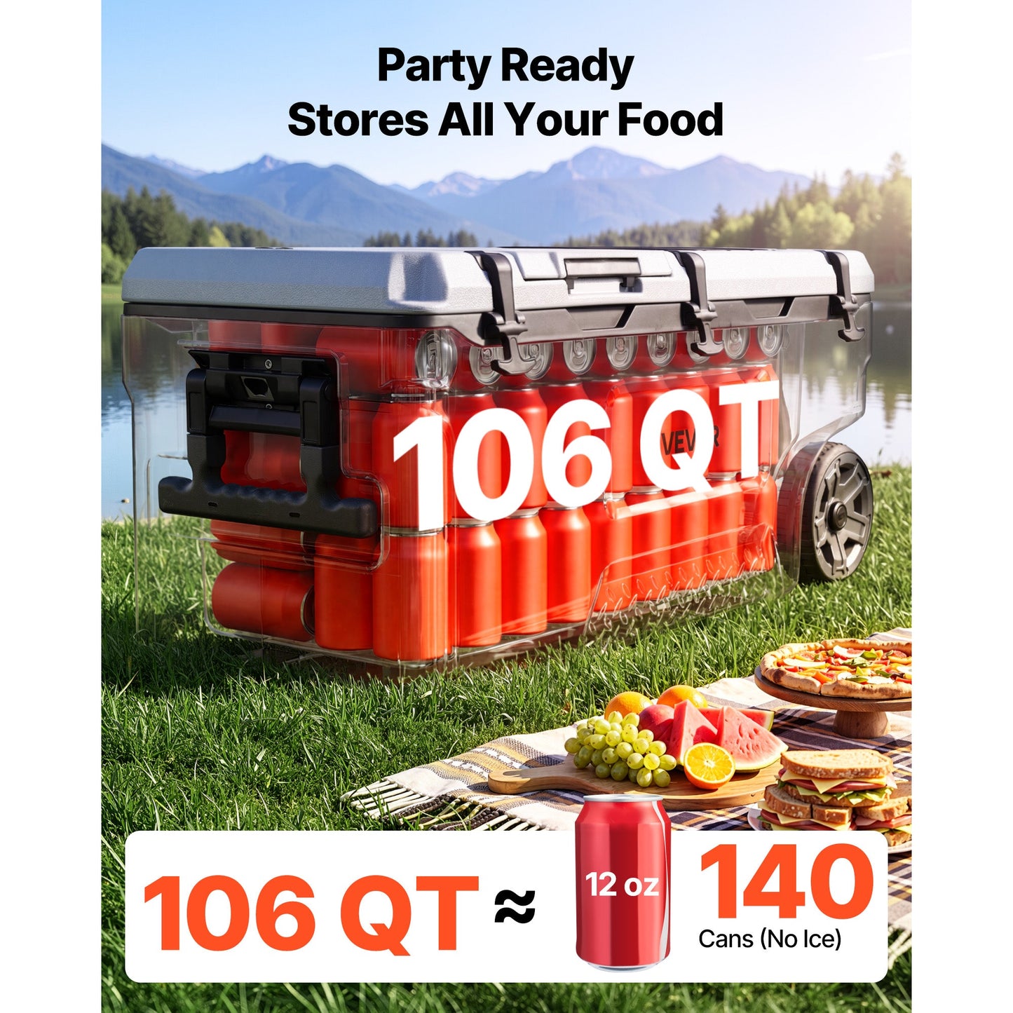 Hard Cooler 106QT Portable Rolling Cooler with Wheels