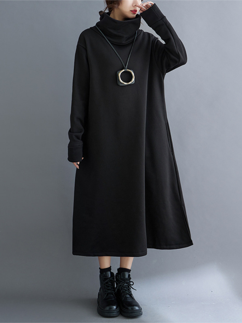 Women's Loose High-Neck Side Pockets A-Line Dress