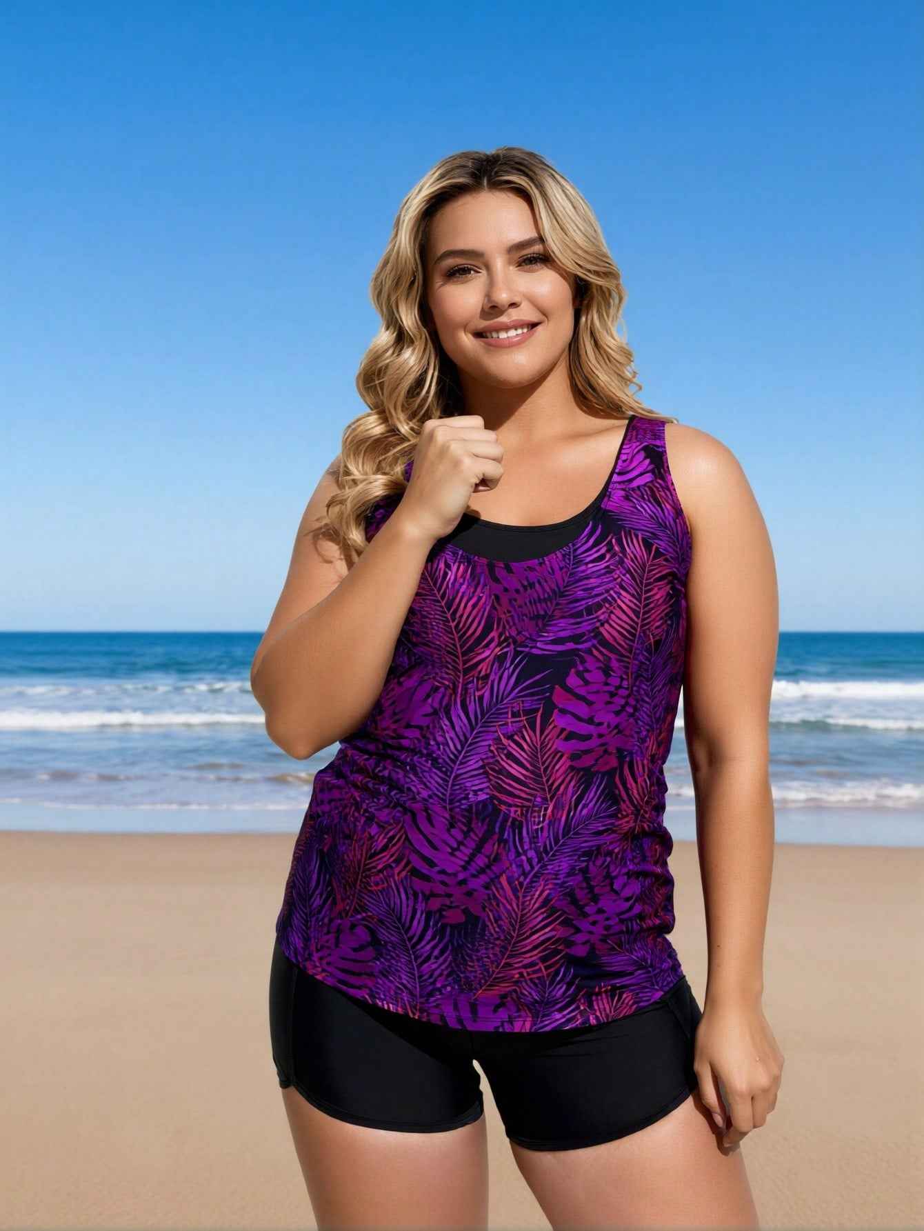 Women's Purple & Black Botanical Print Boyleg Two-Piece Swimsuit