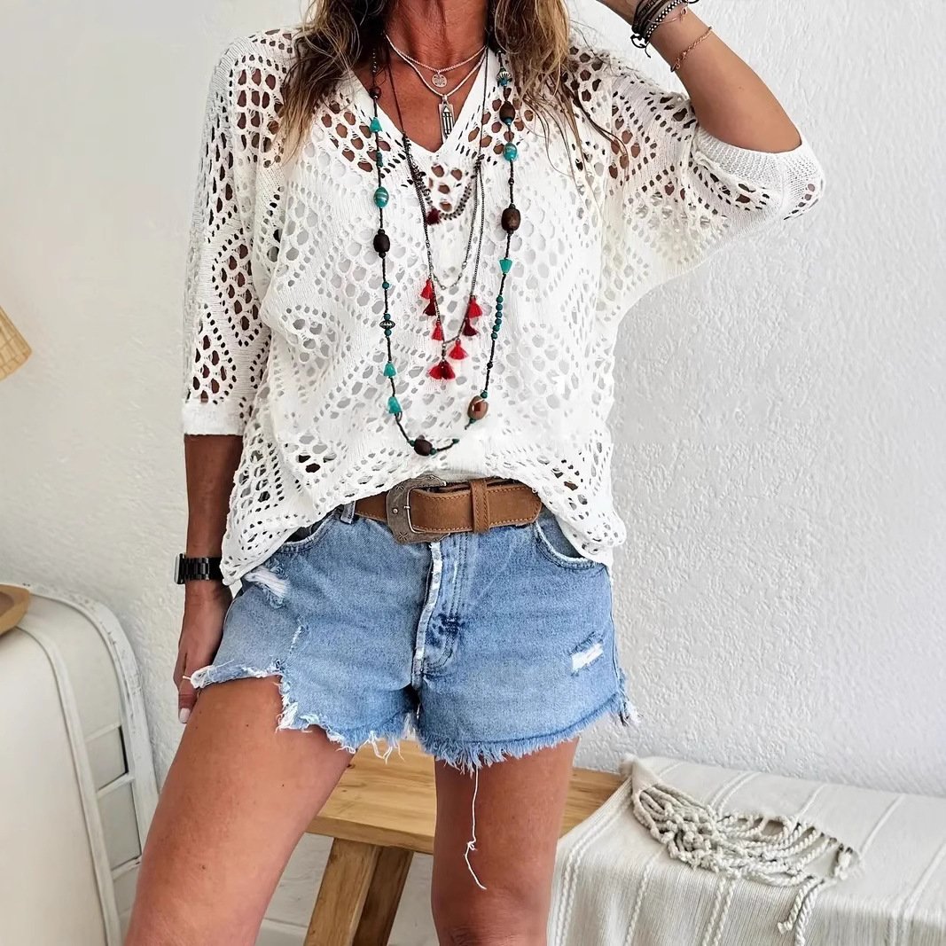 ? Handmade Crochet V‚ÄêNeck Boho Top | Apricot Summer Essential
