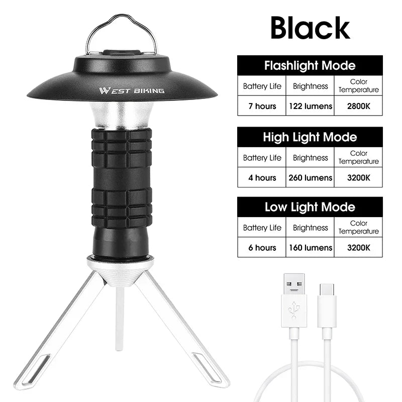 Portable Camping Flashlight – Type-C Rechargeable, Tripod & Lampshade Kit, 3 Colors