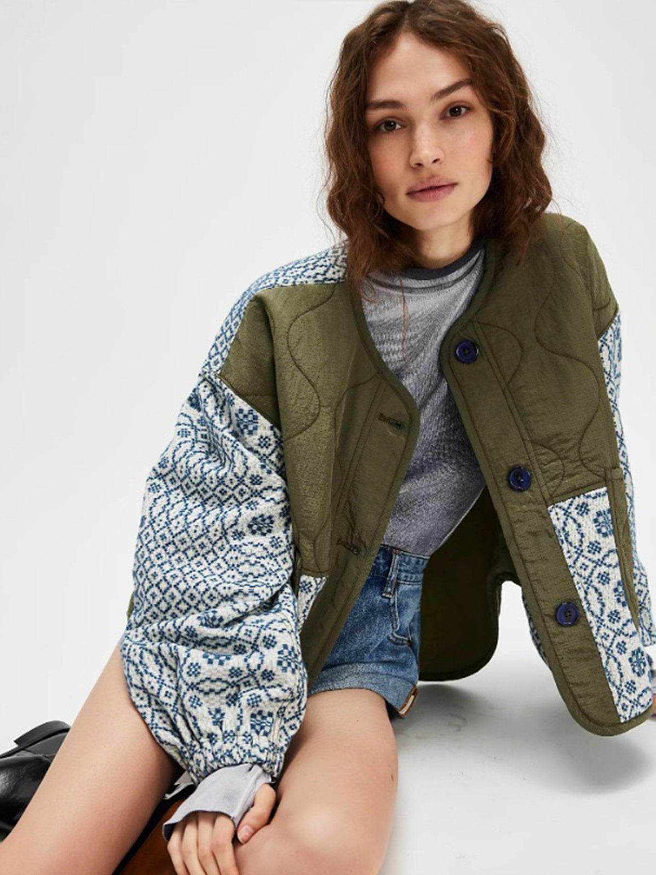Women's Slim-Fit Quilted Patchwork Button Coat – Green