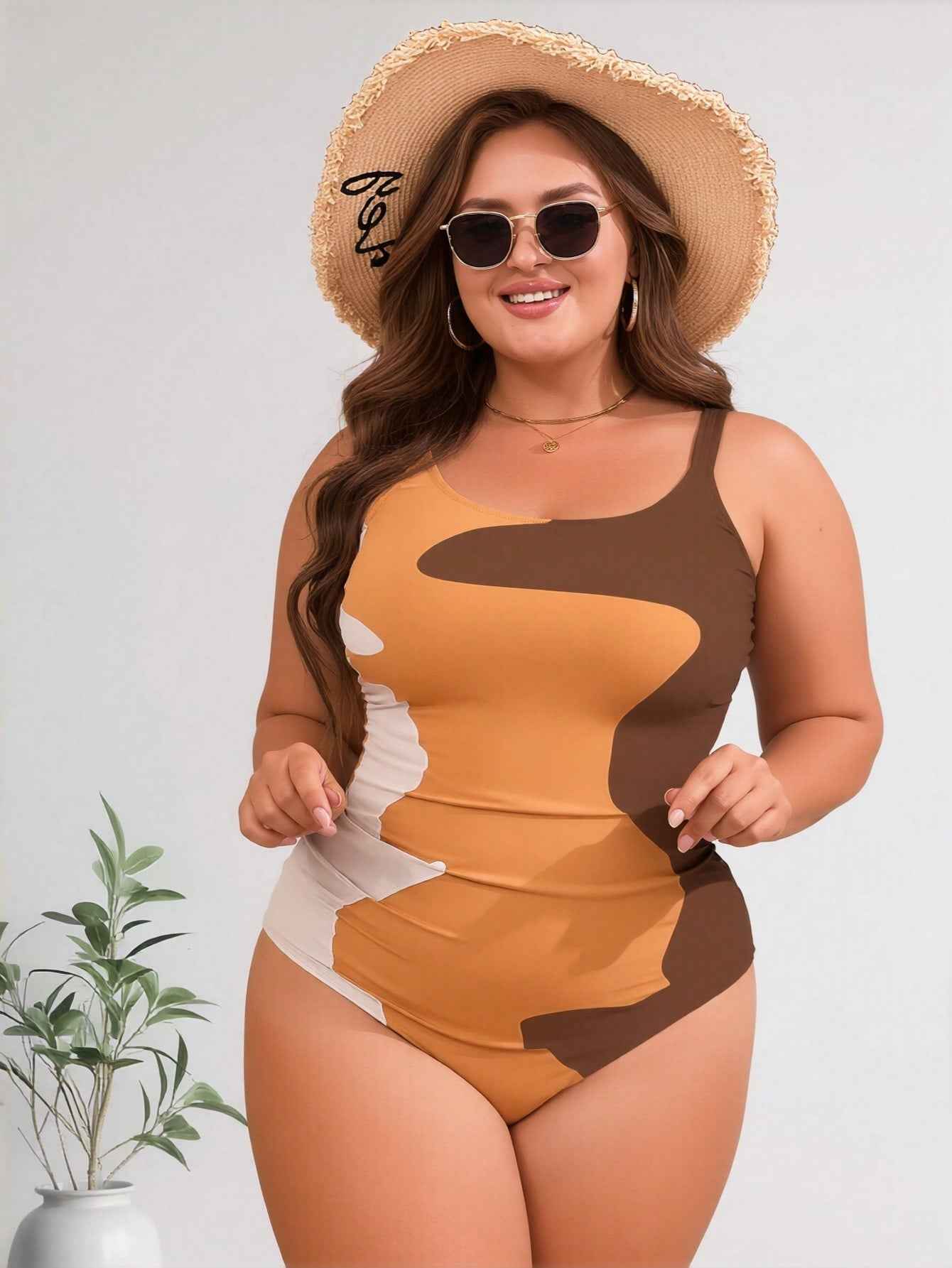 Women's Plus Size Earth Tone Color Block One-Piece Swimsuit