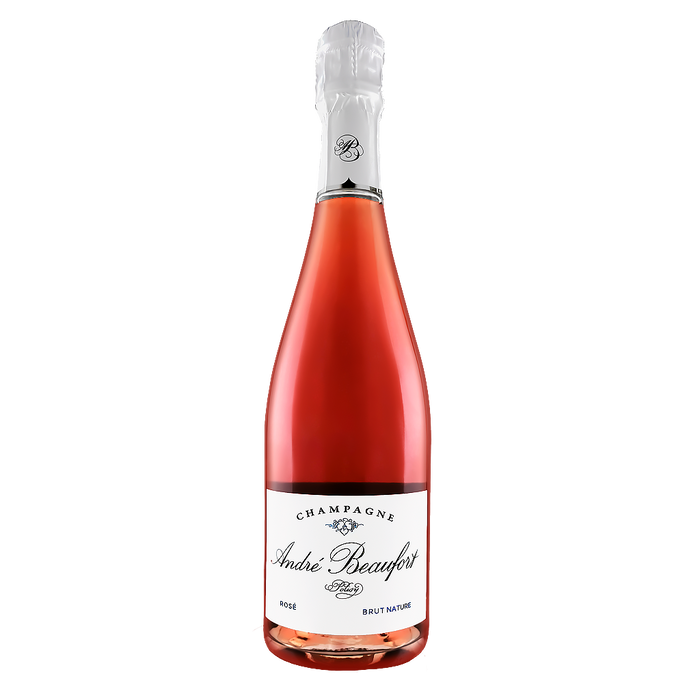 Andre Beaufort Polisy Rosรฉ champagne bottle with foil wrap and white label