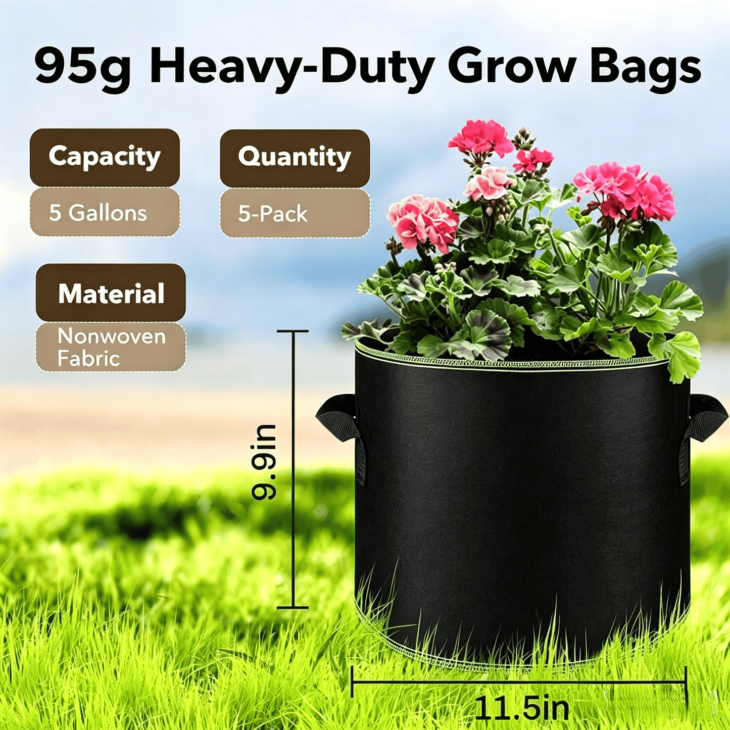 üå± 5-Pack 5 Gallon Grow Bags ‚Äì Heavy Duty Aeration Fabric Pots with Handles for Vegetables, Flowers & Fruits ü™¥