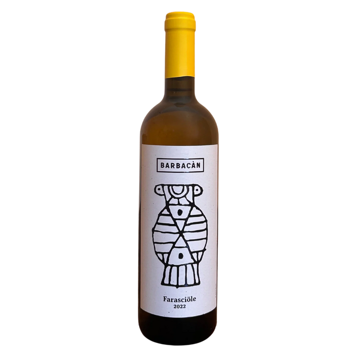 White wine bottle with yellow cap and Barbacan label, illustrated figure, 2022