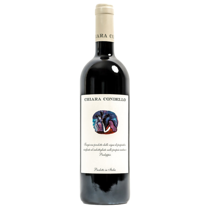 Chiara Condello Sangiovese 2020 wine bottle, cream label on dark red glass