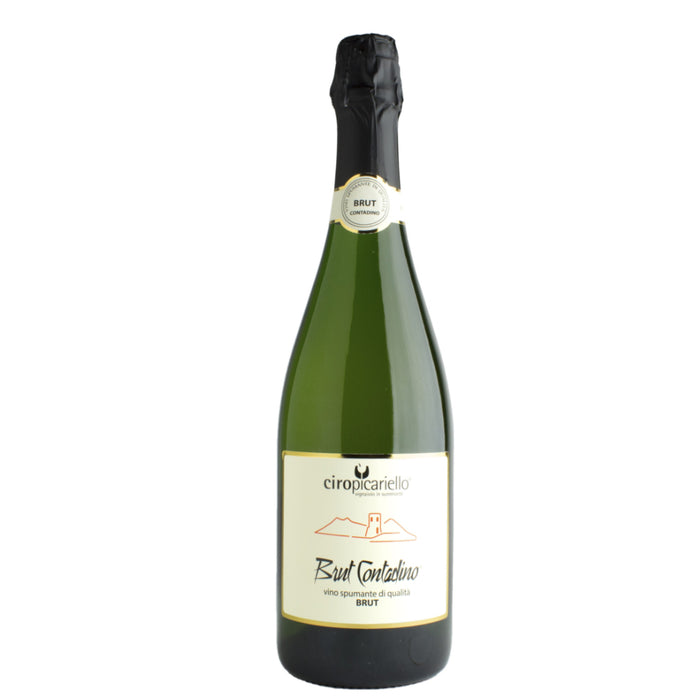 Ciro Picariello Brut Contadino sparkling wine bottle, green glass with black foil