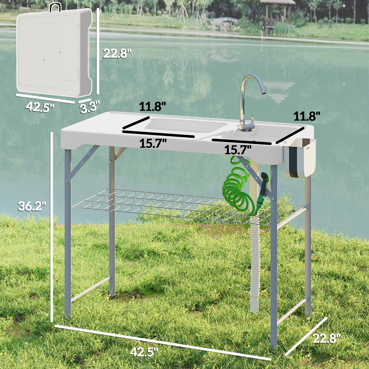 Deluxe Folding Fish Cleaning Table with Dual Sinks, Drawer & Storage Basket