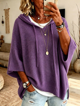 Women's Knitted Hooded Drawstring Sweater – Casual Cozy Pullover