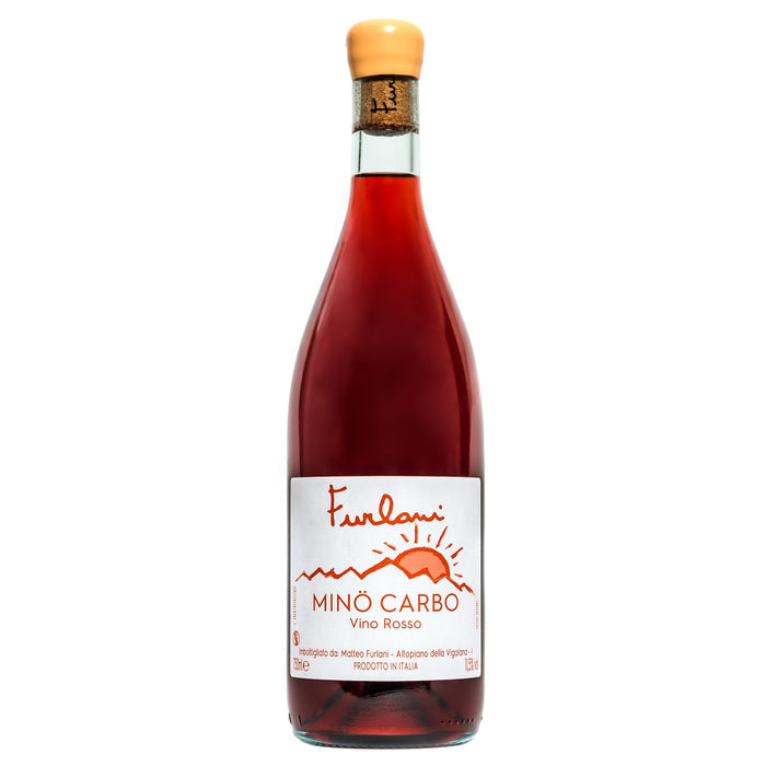 Wine bottle with Furlani Mino Carbo Rosso label, dark red wine, orange cap