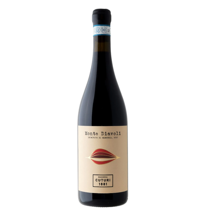 Wine bottle with dark glass, black cap, and beige Monte Diavoli label