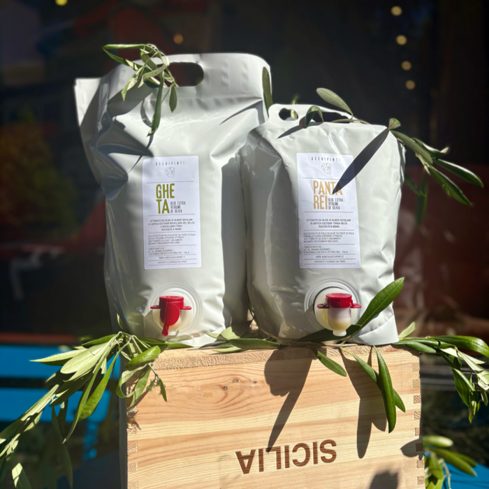 Occhipinti extra-virgin olive oil 3L pouch with red spout, two white bags