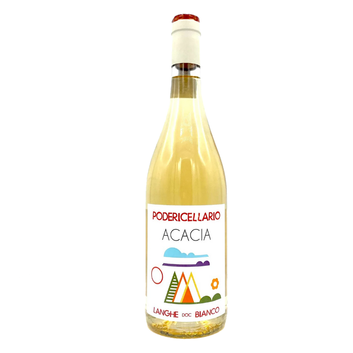 Poderi Cellario Acacia Langhe Bianco white wine bottle, colorful label