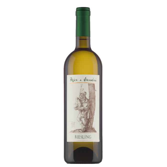 Green Riesling wine bottle with cream label and 'RIESLING' text.