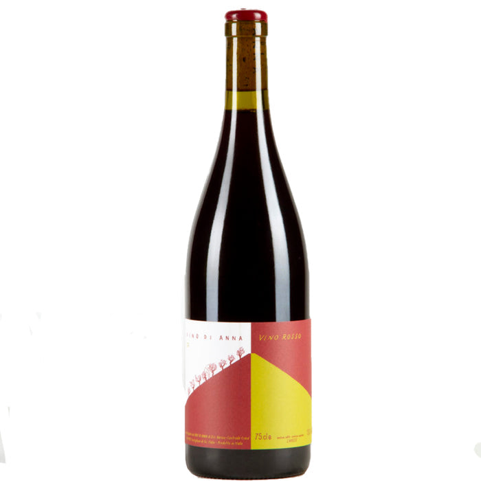Red wine bottle with red foil cap and front label with red and yellow design