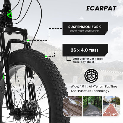 26" Fat Tire Mountain Bike | Full Shimano 21-Speed, Dual Disc Brakes & Front Suspension