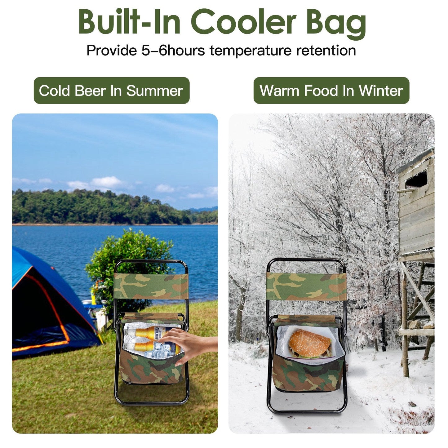 Foldable Fishing Chair with Backrest & Built-In 10L Cooler Bag