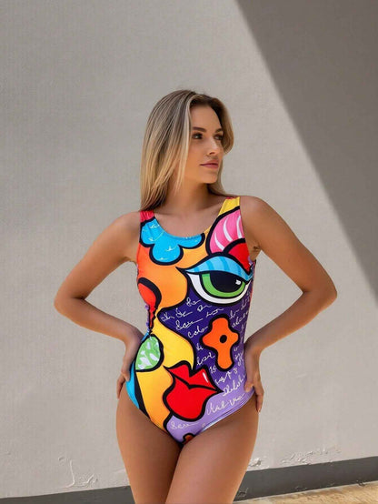 Women's Tropical Print One-Piece Fitness Swimsuit