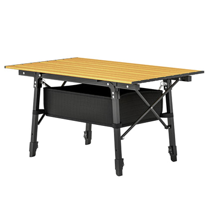 Aluminum Folding Camping Table with Storage Basket – Adjustable Height, 66 lb.