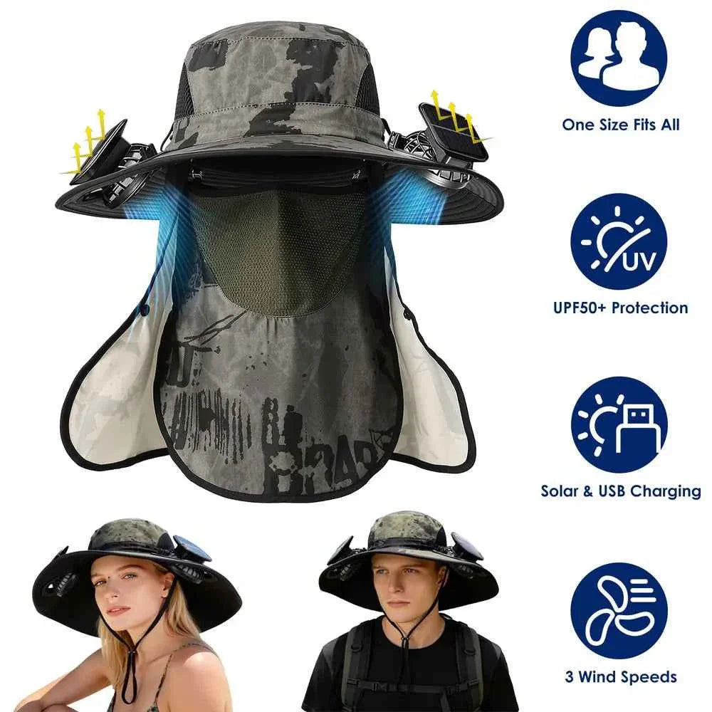 Solar & USB Fan Hat – UPF50, Wide Brim, Face Cover & Neck Flap, 4 Colors