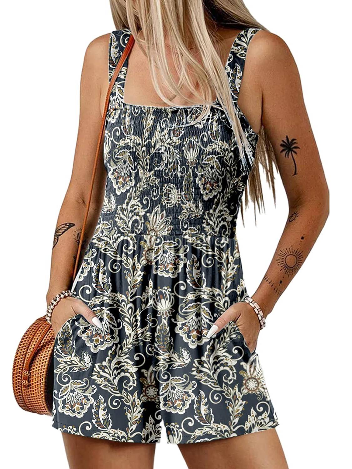 ‚è∞Hot Sale 49% OFFüíÉWomen's Summer Square Neck Sleeveless Loose Casual Short Smocked Romper