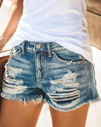 Women's High-Waist Ripped Fringed Denim Shorts – Light & Dark Blue, S to XXL
