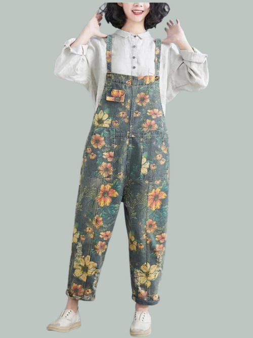 Wildflower Print Dungarees - Loose Tapered Leg Fit