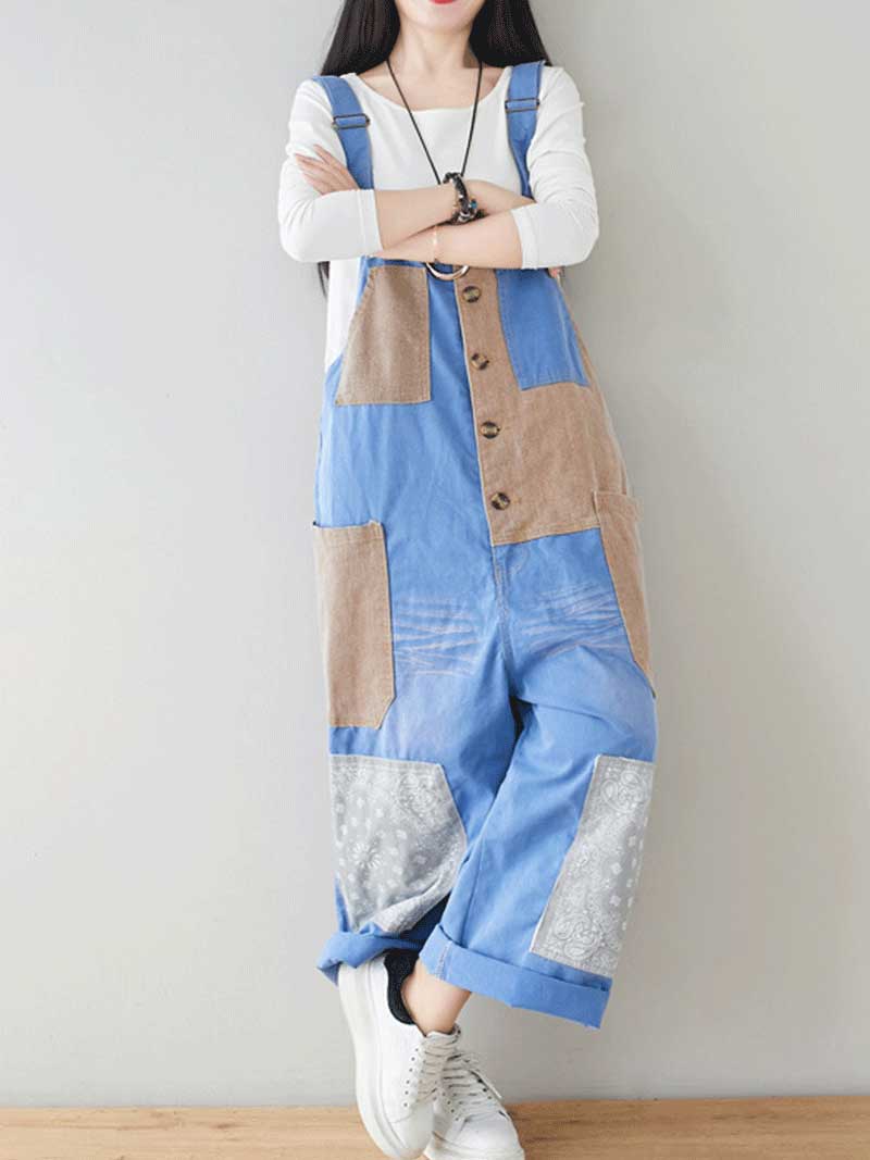 Button Front Denim Dungarees with Contrast Panel Details