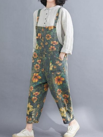 Wildflower Print Dungarees - Loose Tapered Leg Fit