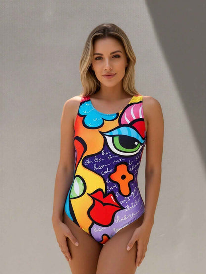 Women's Tropical Print One-Piece Fitness Swimsuit
