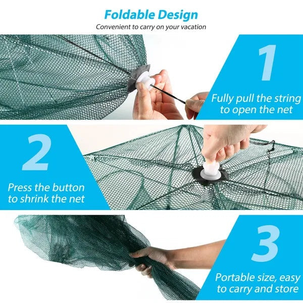 Foldable Fishing Bait Trap Net – 6-Sided, 360° Entry for Fish, Shrimp & Crab