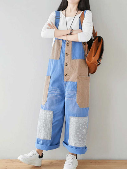 Button Front Denim Dungarees with Contrast Panel Details
