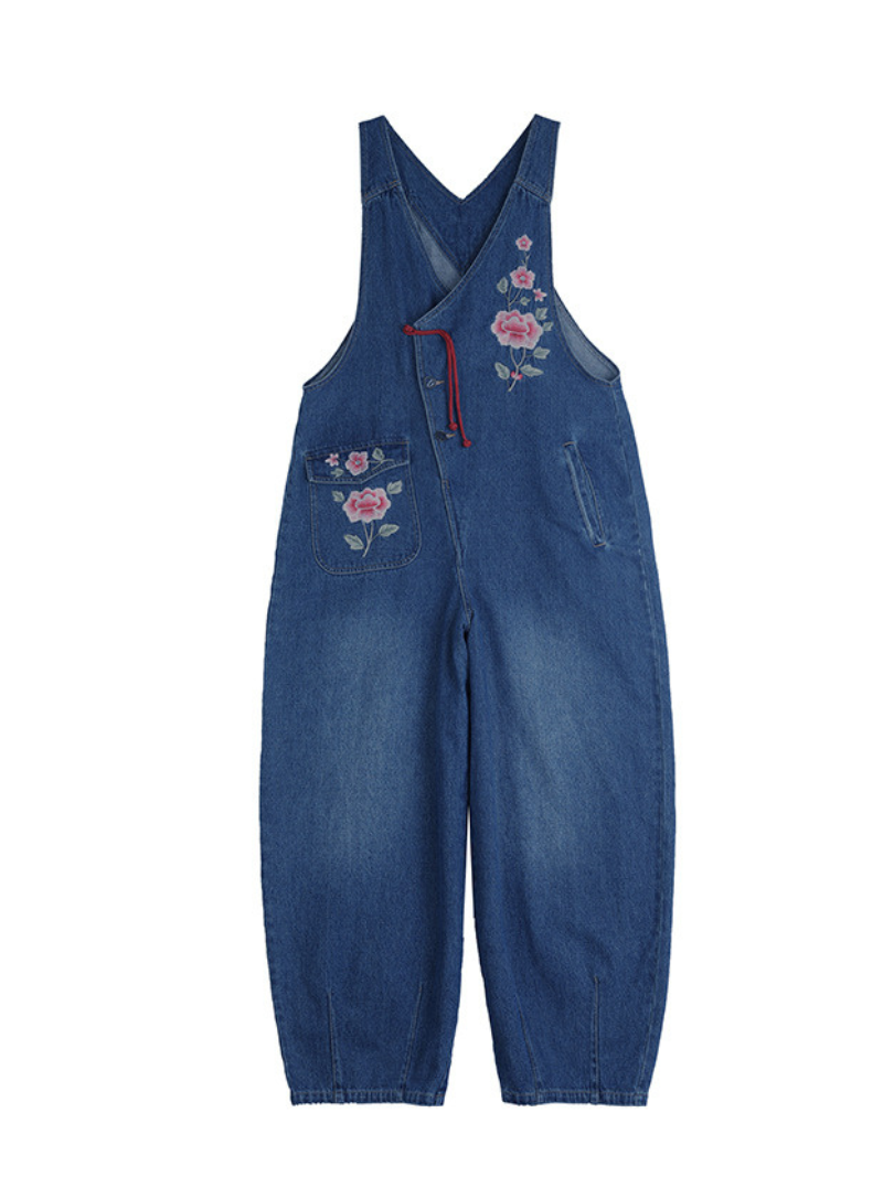 Women's Rose Embroidered Denim Overalls with Loose Wide-Leg Fit