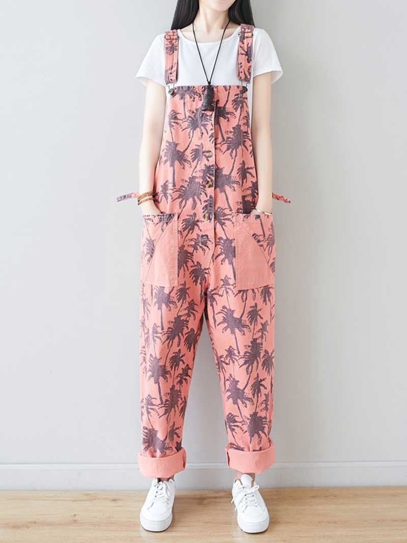 Palm Print Cotton Overalls - Adjustable Workwera | Eva Trends