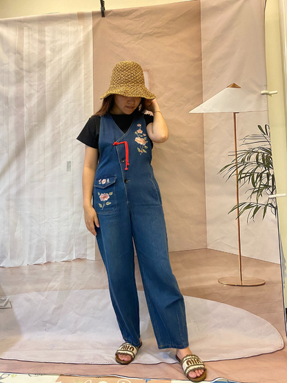 Women's Rose Embroidered Denim Overalls with Loose Wide-Leg Fit