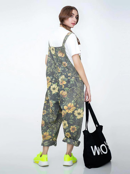 Wildflower Print Dungarees - Loose Tapered Leg Fit