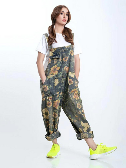 Wildflower Print Dungarees - Loose Tapered Leg Fit