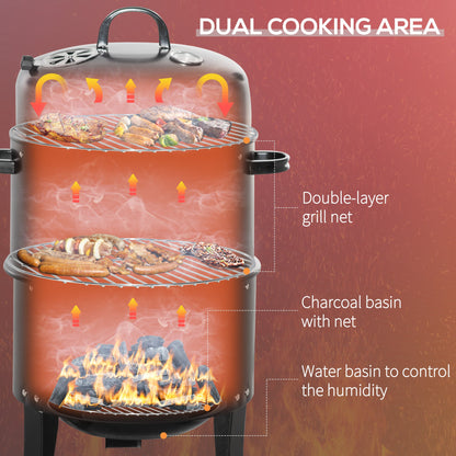 3-in-1 Vertical Charcoal BBQ Smoker Grill – Two-Tier, Built-In Thermometer