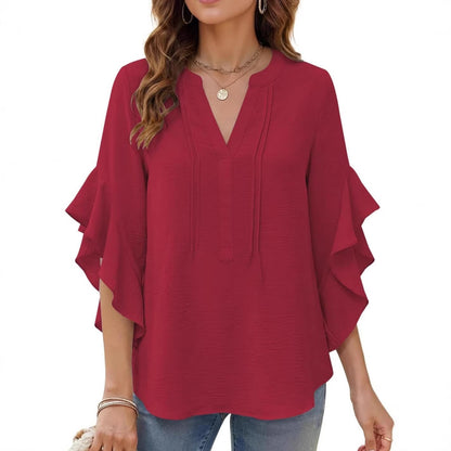 Women's V-Neck Ruffle-Sleeve Loose Casual Shirt – 5 Colors