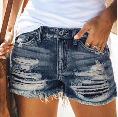 Women's High-Waist Ripped Fringed Denim Shorts – Light & Dark Blue, S to XXL