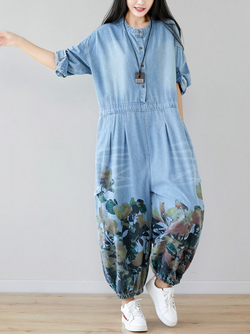 Loose Fit Floral Denim Jumpsuit for Women - Balloon Leg Style
