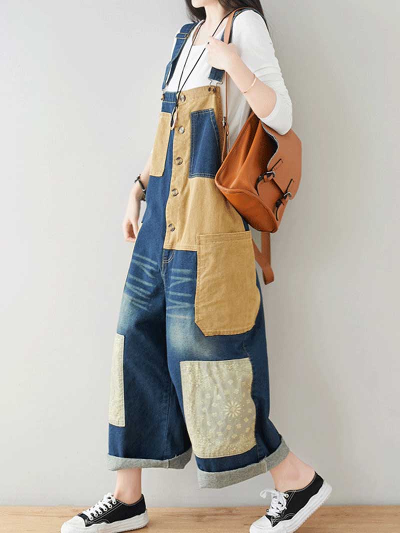 Button Front Denim Dungarees with Contrast Panel Details