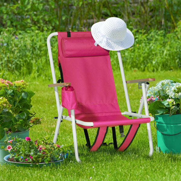 Folding Beach Chair with Backpack Straps – 4-Position Recline, Wooden Armrests, Cup Holder & 265 lb Capacity