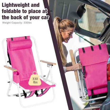 Folding Beach Chair with Backpack Straps – 4-Position Recline, Wooden Armrests, Cup Holder & 265 lb Capacity