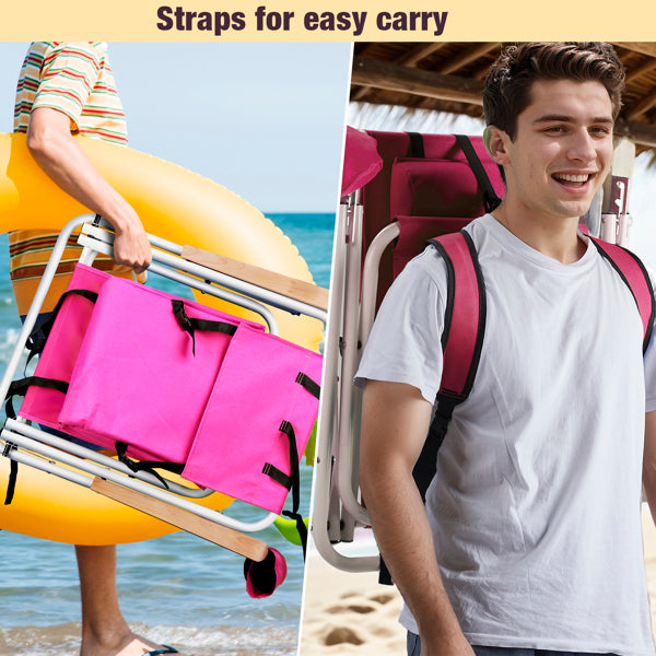 Folding Beach Chair with Backpack Straps – 4-Position Recline, Wooden Armrests, Cup Holder & 265 lb Capacity