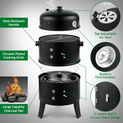 Barrel Charcoal Smoker Grill with Built-In Thermometer