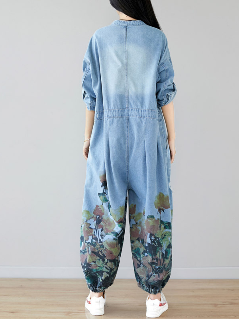 Loose Fit Floral Denim Jumpsuit for Women - Balloon Leg Style