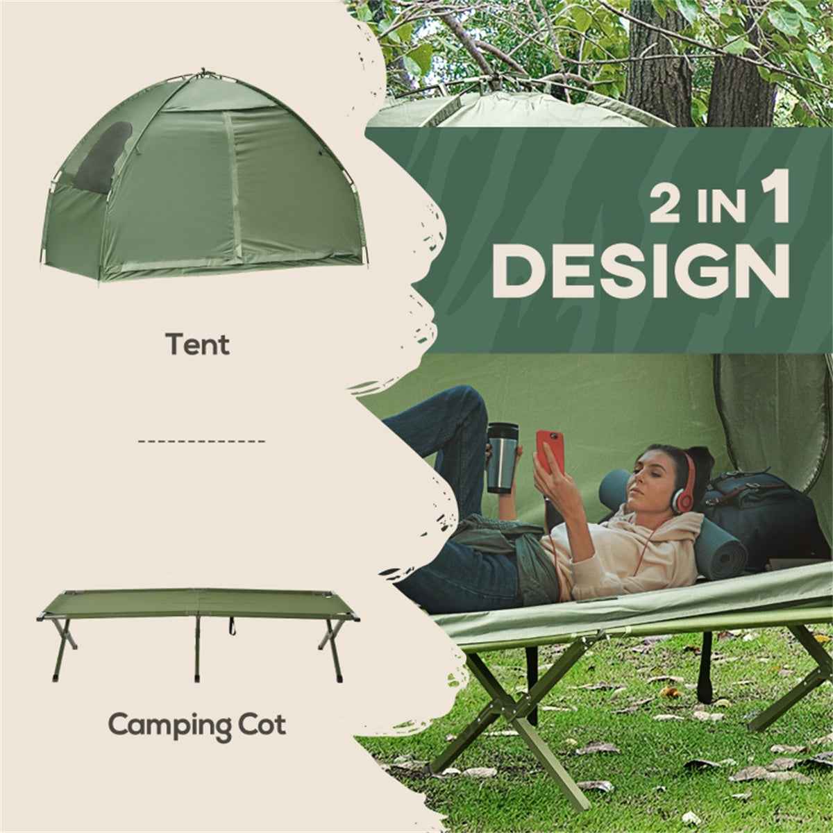 2-in-1 Camping Tent & Elevated Cot Set with Carry Bag