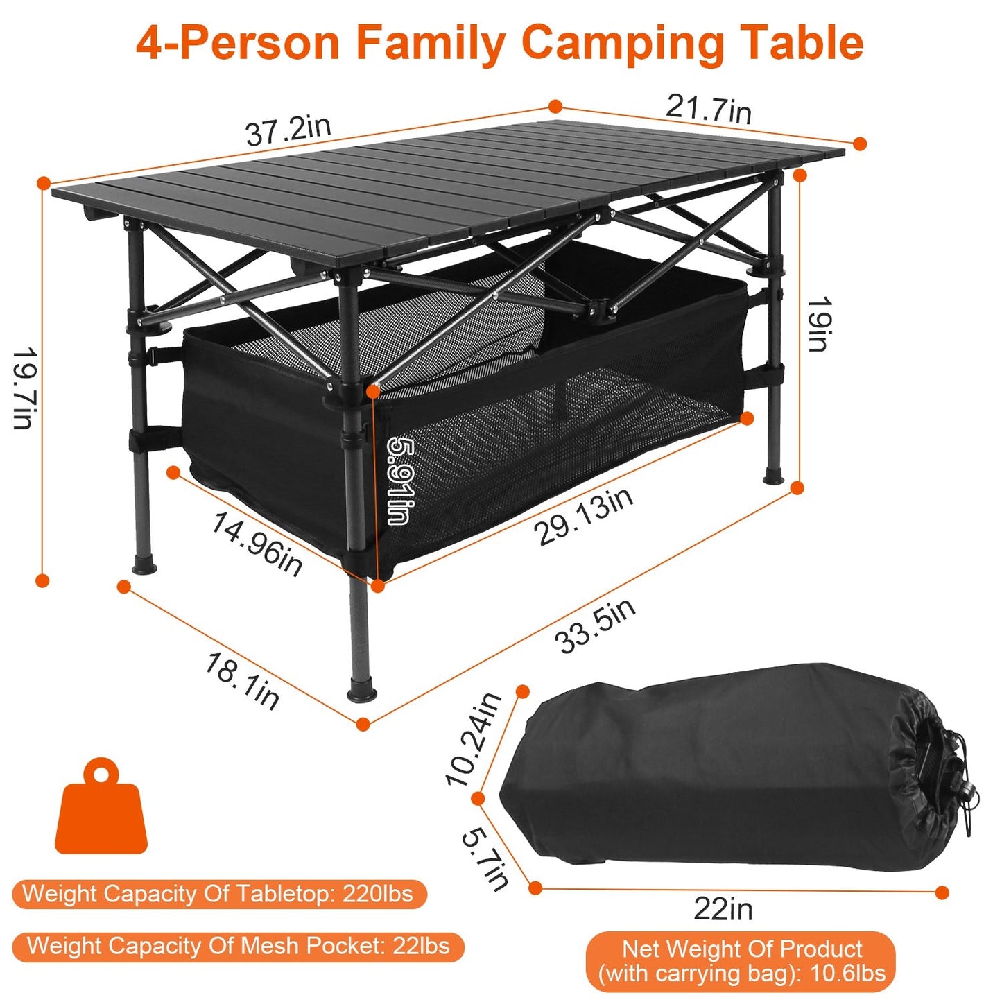 Folding Aluminum Camping Table with Mesh Storage Basket